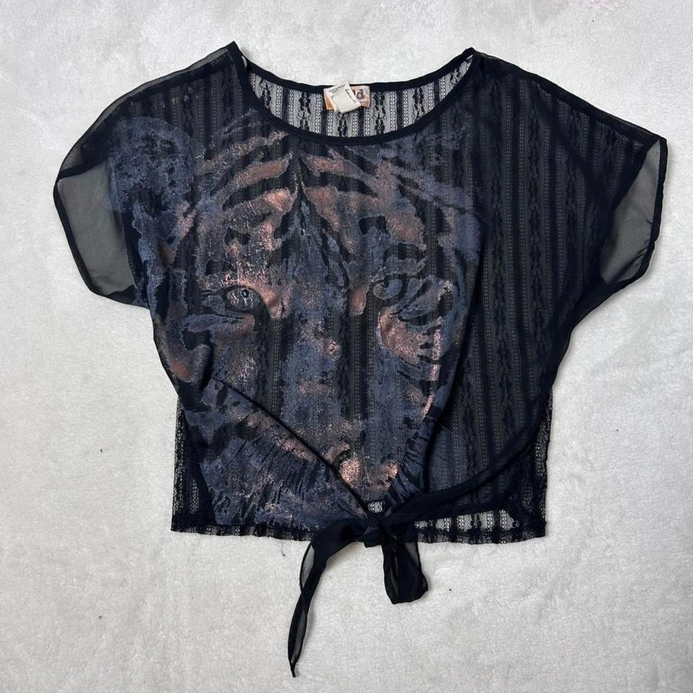 Mudd Women's  XS  Black Tiger Sheer Short Sleeve Top with Lace Back Y2K